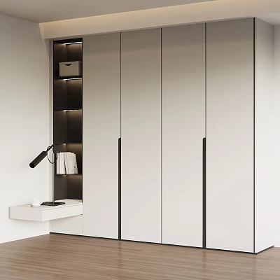 Modern White Wardrobe Design With Built in Shelves Table Lamp And Storage Box 3d model