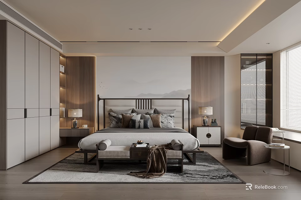 Elegant Modern Bedroom Interior With Bed Headboard Pillows Bench Nightstands And Rug 3d model 
