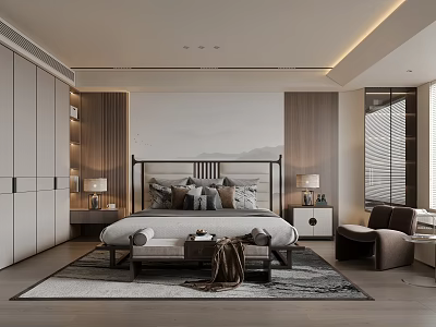 New Chinese Style Bedroom Double Bedside Table Carpet Jewelry Ornaments Table Lamp Wardrobe Bed 3d model