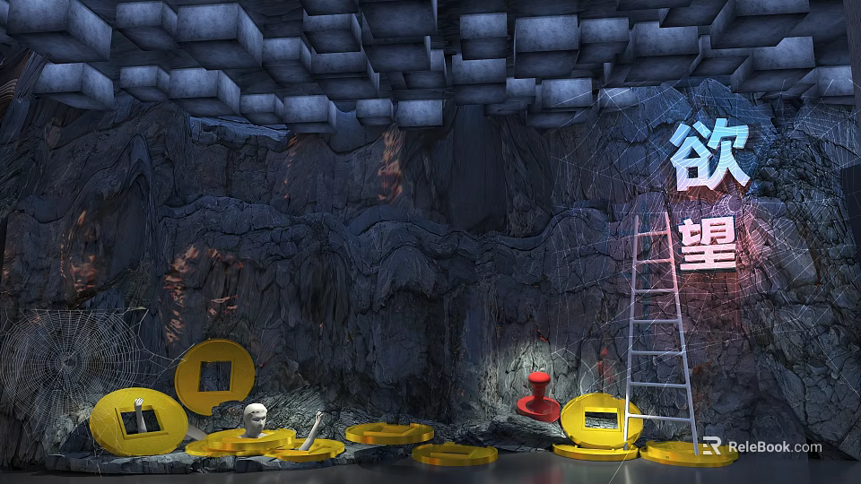 Desire Themed Cave Scene With Yellow Circular Objects Ladder And Skull 3d model 