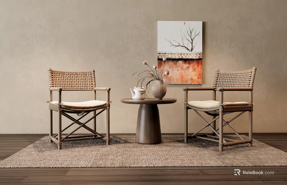 Rattan Lounge Chairs With Wooden Frame Armrests Cushioned Seats And Small Round Table On Rug 3d model 