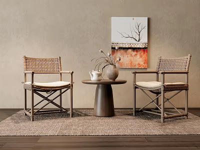 Rattan Lounge Chairs With Wooden Frame Armrests Cushioned Seats And Small Round Table On Rug 3d model