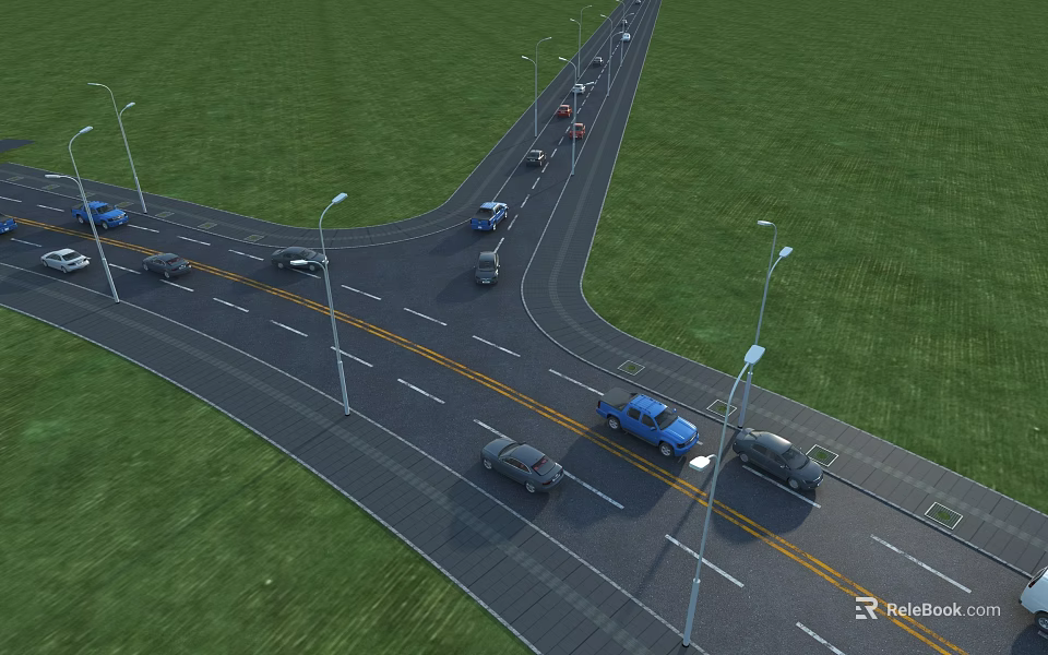 Road Infrastructure Featuring Multi Lane Intersection With Streetlights Green Grass Verges And Vehicles Driving 3d model 