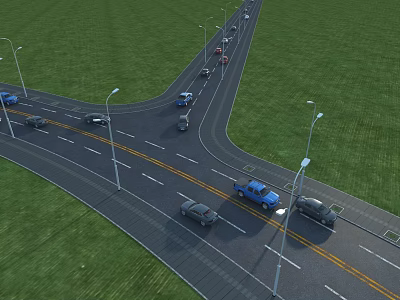 Road Infrastructure Featuring Multi Lane Intersection With Streetlights Green Grass Verges And Vehicles Driving 3d model