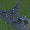 Road Infrastructure Featuring Multi Lane Intersection With Streetlights Green Grass Verges And Vehicles Driving