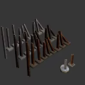 Rusty Metal Piles As Defensive Weapons With Concrete Bases Standing And Slanting