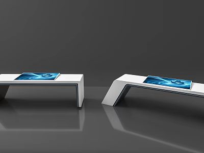 Modern Public Facility Featuring White Curved Tables With Blue Screens And Smooth Surfaces 3d model