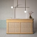 Modern Wooden Reception Desk With Woven Panels Marble Countertop And Pendant Lights