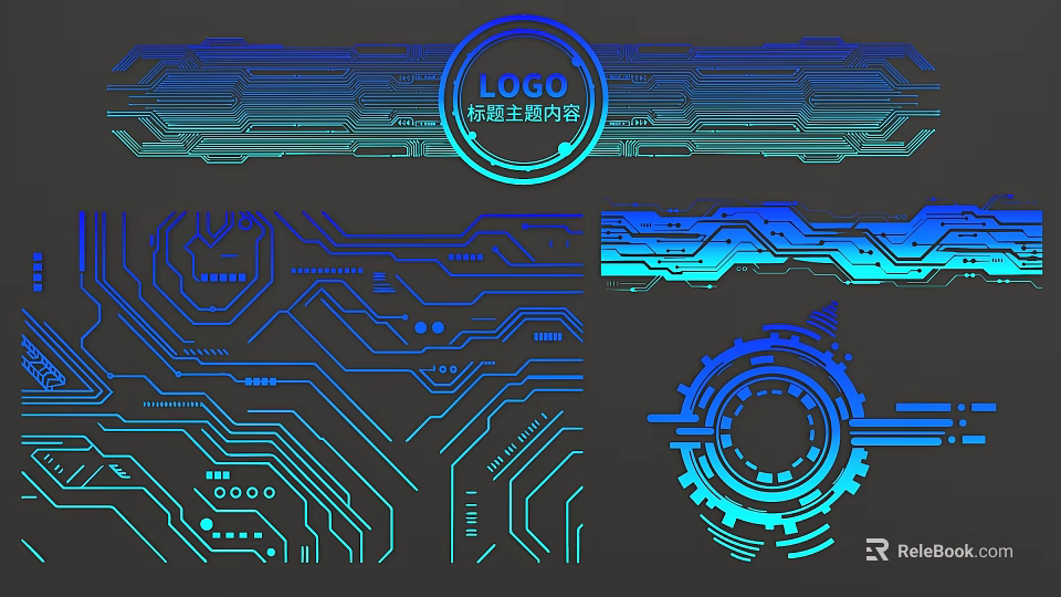 Tech Circuit Board Design Elements With Logo And Title Content In Blue Neon 3d model 
