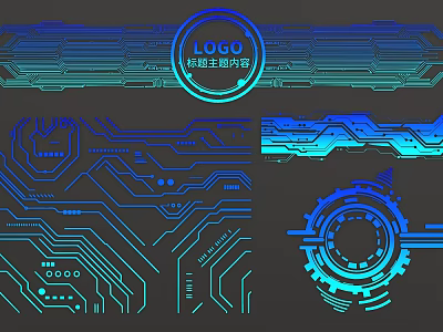 Tech Circuit Board Design Elements With Logo And Title Content In Blue Neon 3d model