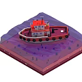 Cartoon Scene Featuring Red And White Tugboat On Water Surface With Underwater Layers
