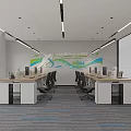 Modern Office Open Layout With Wooden Desk Whiteboard Charts Ergonomic Chairs Large Windows And Carpet