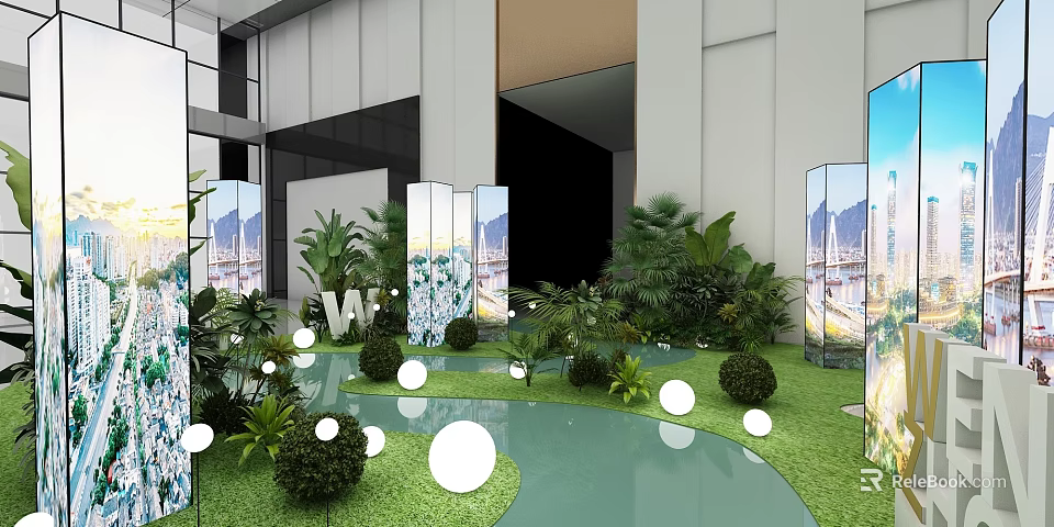 Modern Indoor Landscape With Green Plants Round White Lights Water Pool And Decorative Screens 3d model 