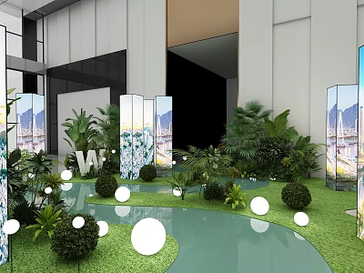 Modern Indoor Landscape With Green Plants Round White Lights Water Pool And Decorative Screens 3d model
