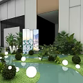 Modern Indoor Landscape With Green Plants Round White Lights Water Pool And Decorative Screens