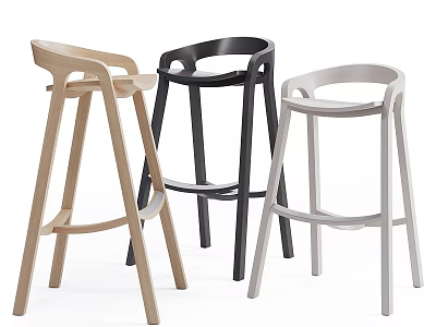 Modern Minimalist Bar Stools in Light Wood Black White with Curved Backrests and Slim Legs 3d model