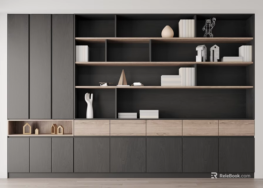 Sleek Modern Bookcase Interior With Dark Wooden Shelves Books And Decorative Figurines 3d model 