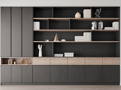 Sleek Modern Bookcase Interior With Dark Wooden Shelves Books And Decorative Figurines 3d model
