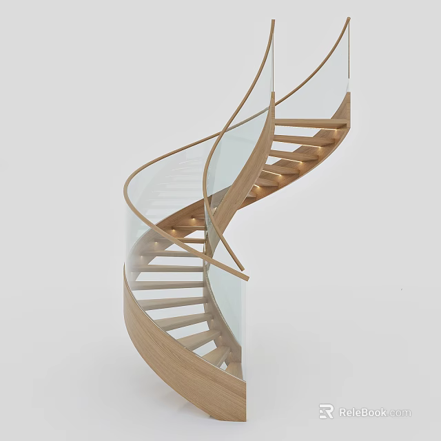 Elegant Modern Spiral Staircase With Wooden Steps And Glass Handrail 3d model 