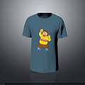 Blue Short Sleeve T-shirt with Cartoon Character Raising Hands in Yellow Red Outfit
