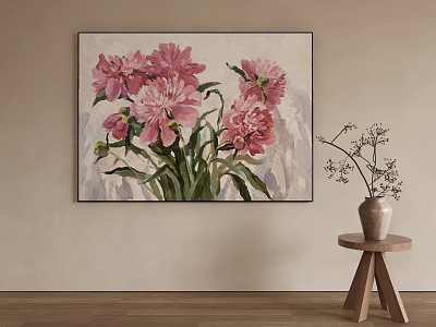 Abstract Painting Of Pink Peonies On Beige Wall With Wooden Side Table And Vase 3d model