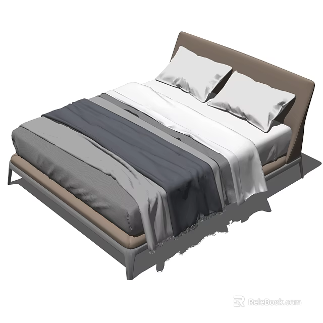 Modern Double Bed With Beige Headboard Striped Bedspread And White Pillows 3d model