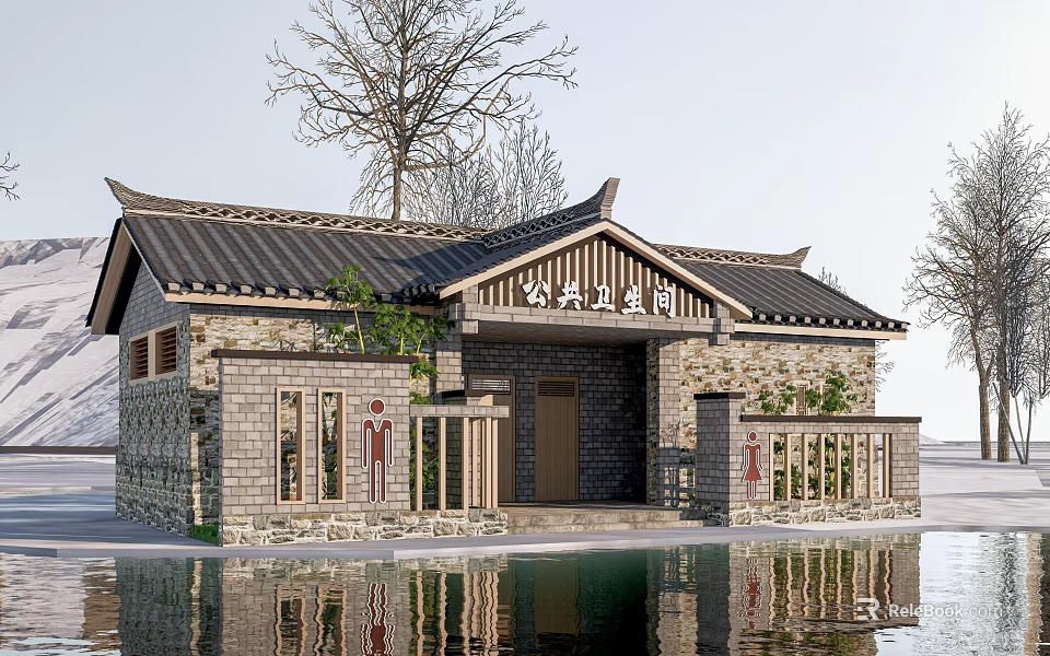 Traditional Chinese Style Public Restroom with Stone Walls and Water Reflection 3d model 