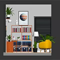 Cartoon Scene of Cozy Workspace with Orange Bookshelves Desk Computer Yellow Chair and Green Plants