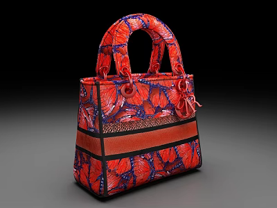 Stylish Red And Blue Patterned Handbag With Decorative Handles And Black Stripe 3d model