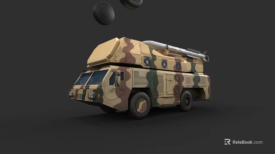 Camouflage Military Truck Equipped With Missile Launcher Weapon System And Black Spherical Projectiles 3d model 
