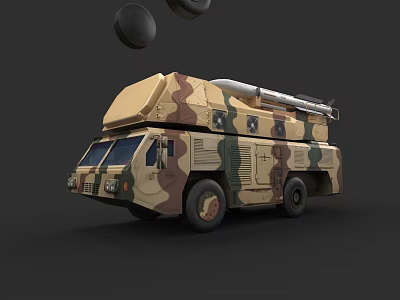 Camouflage Military Truck Equipped With Missile Launcher Weapon System And Black Spherical Projectiles 3d model