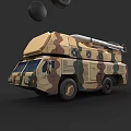 Camouflage Military Truck Equipped With Missile Launcher Weapon System And Black Spherical Projectiles