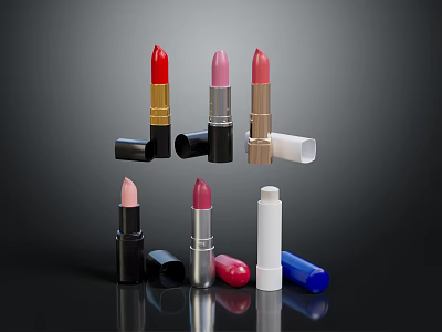 Various Colored Lipsticks With Different Casing Designs Arranged On Shiny Surface 3d model