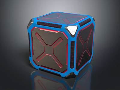 Futuristic Structural Cube Component With Blue Frame Red Lines And Black Panels 3d model