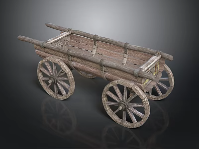 Vintage Wooden Cart With Four Spoked Wheels And Rustic Structure Design 3d model