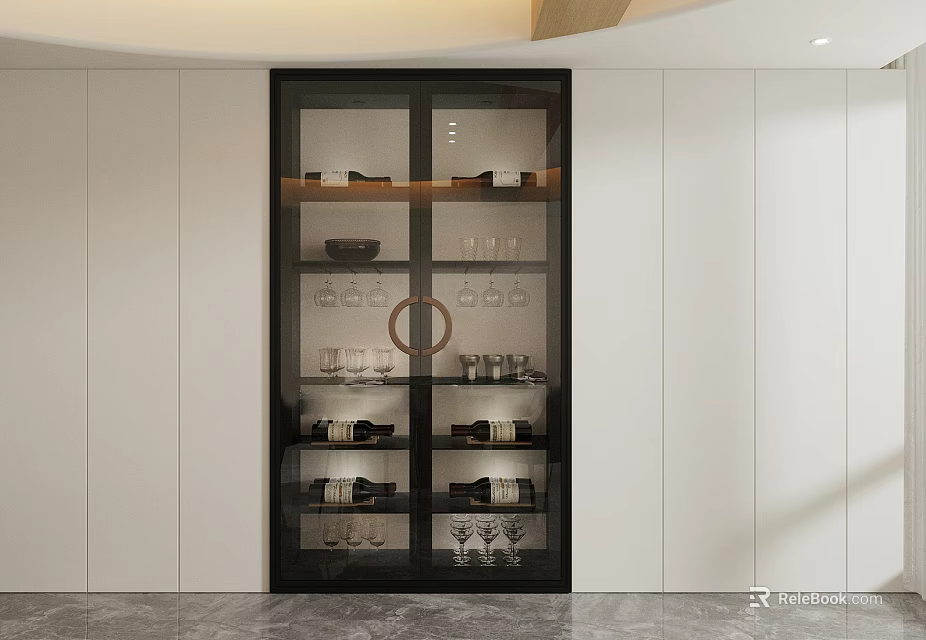 Stylish Modern Wine Cabinet With Glass Doors Shelves Holding Wine Bottles And Glasses 3d model 
