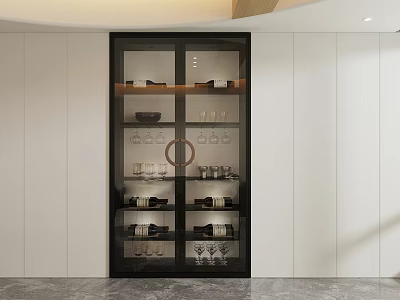 Stylish Modern Wine Cabinet With Glass Doors Shelves Holding Wine Bottles And Glasses 3d model