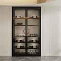 Stylish Modern Wine Cabinet With Glass Doors Shelves Holding Wine Bottles And Glasses