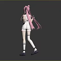 Cute Child With Pink Hair Twin Ponytails White Outfit Purple Shoes Gray Background
