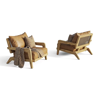 Modern Single Sofa with Wooden Frame Brown Cushions Plaid Blanket and Pillow 3d model