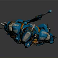 Sci Fi Warrior Character In Blue And Orange Mechanical Armor With Spiked Helmet And Weapons
