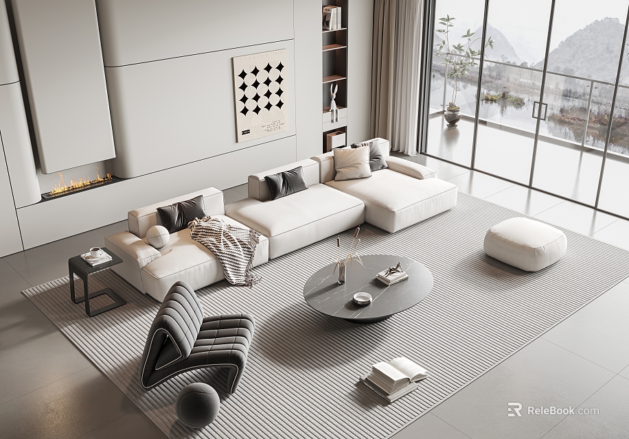Modern Living Room White L Shaped Sofa Round Coffee Table Set With Cushions And Rug 3d model 