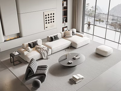 Modern Living Room White L Shaped Sofa Round Coffee Table Set With Cushions And Rug 3d model