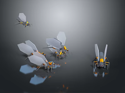 Game Movie Character Design Of Multiple Mechanical Insects With Metallic Wings And Yellow Gray Accents 3d model