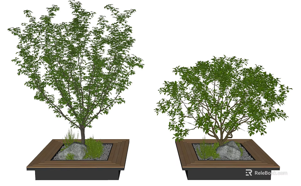 Two Square Tree Planters with Healthy Green Trees Stones and Small Plants 3d model 