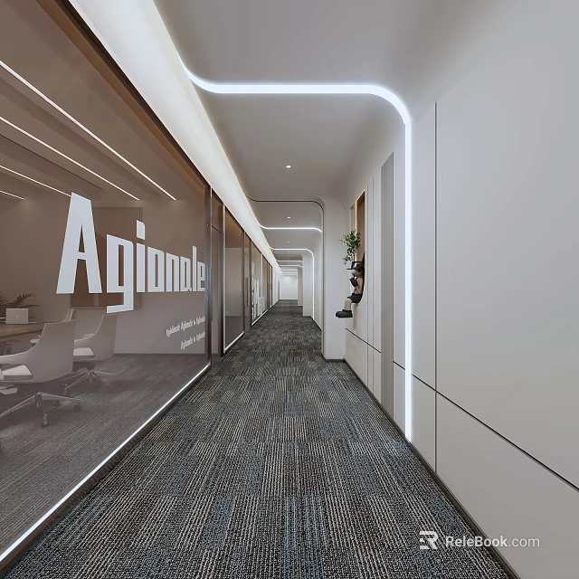 Modern Office Corridor With Glass Walls Agilemole Signage Carpet And Potted Plants 3d model 
