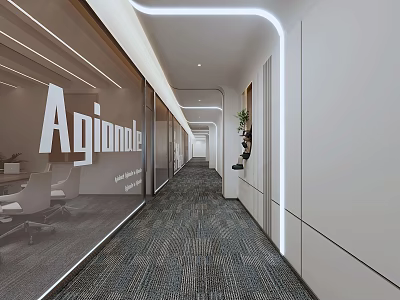 Modern Office Corridor With Glass Walls Agilemole Signage Carpet And Potted Plants 3d model