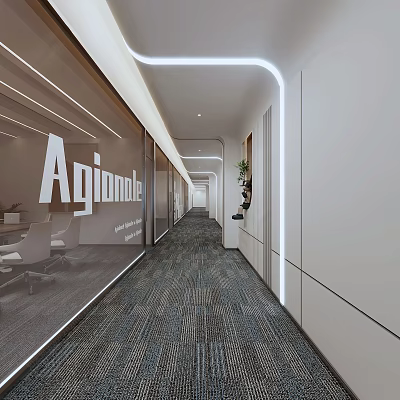 Modern Office Corridor With Glass Walls Agilemole Signage Carpet And Potted Plants 3d model