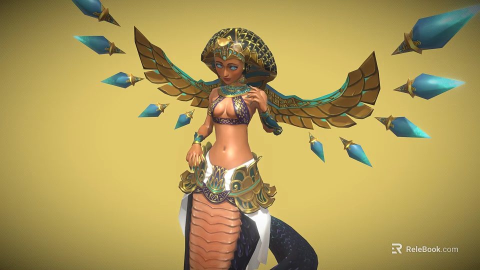 Game Movie Character in Egyptian Style With Golden Wings Snake Motifs Ornate Outfit Blue Decorations 3d model 