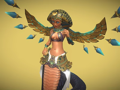 Game Movie Character in Egyptian Style With Golden Wings Snake Motifs Ornate Outfit Blue Decorations 3d model